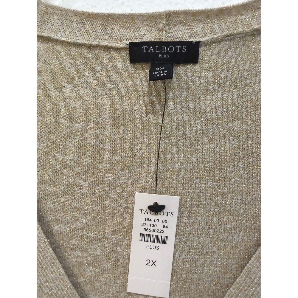 Talbots Plus 2X Metallic Gold‎ Knit V-Neck Sweater Sheer Chiffon Sleeve NEW - Picture 6 of 7